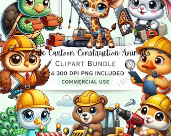 Cute Cartoon Construction Animals Clipart Bundle, Whimsical Builder Stickers, Adorable Quirky Hard Hat PNG for Invitations, Commercial Use
