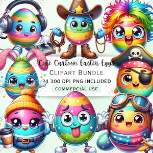 Niedliches Cartoon Ostereier Clipart-Bundle, bezaubernde lebendige Grafik, bunte schrullige Aufkleber, wunderliche Schokoladenei PNG, kommerzielle Nutzung