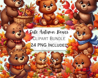 Cute Cartoon Autumn Bears Clipart Bundle, Fall Nursery Decor, Leaves Baby Wall Art, Nature PNG, Season Invitations, 24 illustrations