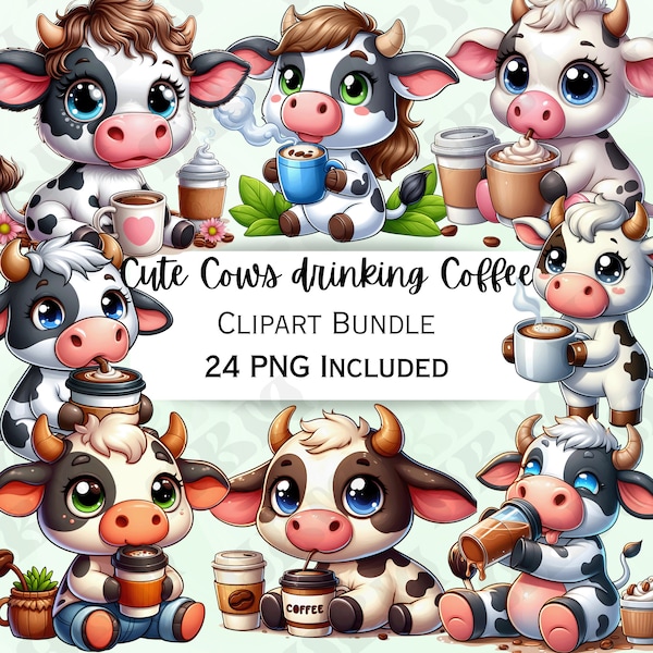 24 Cute Cartoon Cows Drinking Coffee Clipart Bundle, Bull Stickers, Adorable Wall Art,  Caffeine Humourous PNG for invitations Sticker