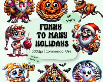 Könnte beinhalten: Eine digitale Grafik mit skurrilen Feiertagsfiguren, darunter ein Truthahn mit Weihnachtsmütze, ein Kürbiskuchen mit Totenkopfgesicht und ein Skeletthirsch. Der Text "FUNNY TO MANY HOLIDAYS" ist enthalten.