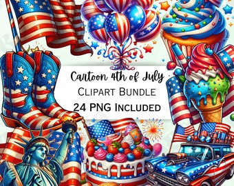 Cartoon 4th of July Clipart Bundle, Patriotic Sticker, Adorable Stars and Stripes Decorations, Whimsical PNG for invitations