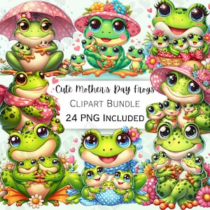 Lot de 24 cliparts grenouilles mignons pour la fête des mères, autocollant ballon de dessin animé, adorables décorations de fête, PNG fantaisiste pour les invitations, cartes