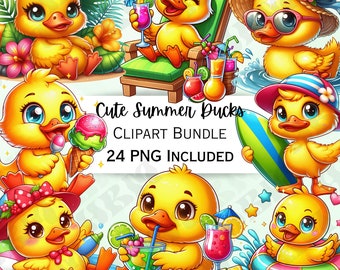 Summer Yellow Ducks Cartoon Clipart Bundle, Cute Bird Stickers, Adorable Baby Wall Art, Animal PNG for invitations, 24 Illustrations