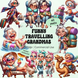 Könnte beinhalten: Eine digitale Illustration mit Cartoon-Omas, die auf Reisen und in der Freizeit aktiv sind. Das Bild zeigt Omas mit Gepäck, in einem Flugzeug, in einem Pool und auf einem Kamel. Der Text lautet "Funny Travelling Grandmas" und "40 PNGs".