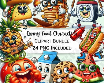 May include: A set of 24 cartoon food characters, including a taco, pancake, sushi, pineapple, tomato, milk carton, cookie, and watermelon. The characters are all smiling and have different expressions. The image is colorful and fun, and would be perfect for use in a variety of projects.