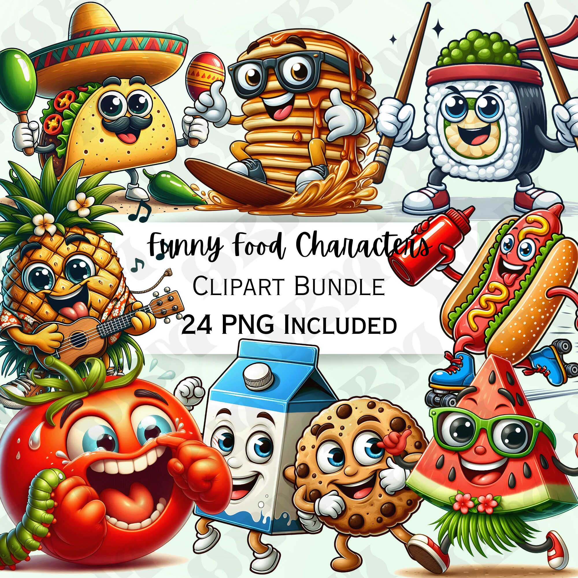 面白い食べ物キャラクターのクリップアートバンドル、風変わりで遊び心のある漫画イラスト、かわいい食事アート、デジタルダウンロード、無制限の商用利用 -  Etsy 日本, image size:2000x2000
