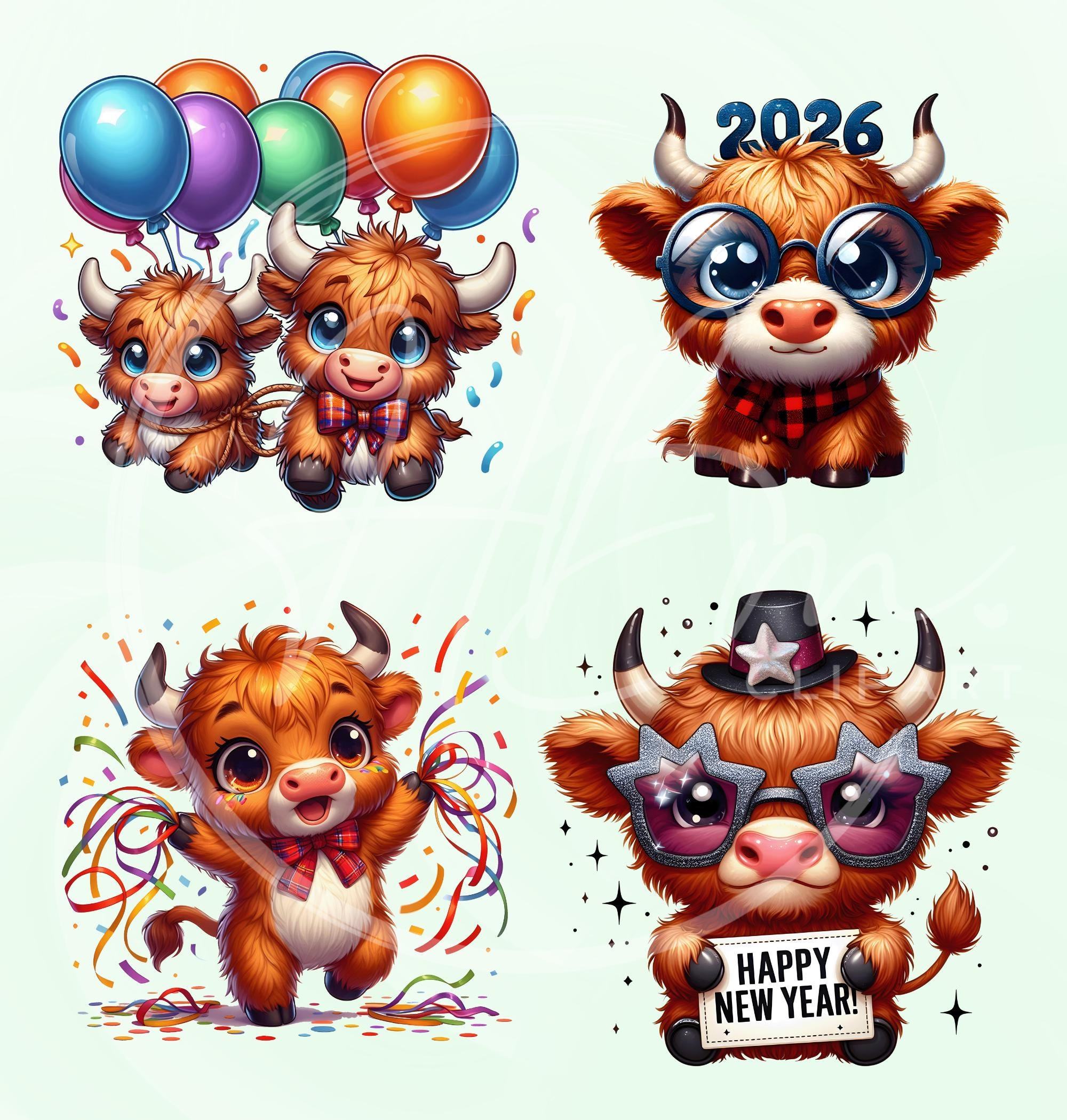 Cute Cartoon New Year Highland Cow Clipart Bundle, Whimsical Party ...