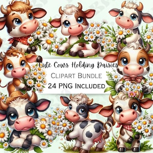 Cute Cows holding Daisies Clipart Bundle, Bull Stickers, Adorable Wall Art, Cattle PNG for invitations, Cartoon Heifer, 24 Illustrations