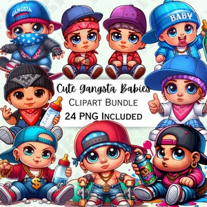 Bundle de cliparts bébé gangsta mignon dessin animé, autocollant attitude drôle, adorables décorations hip hop, PNG fantaisiste pour invitations, carte de voeux