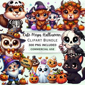 Cute Spooky Mega Halloween Clipart Bundle, Pumpkin Stickers, Adorable Witchy Graphics, Haunting Zombie PNG, Cartoon Mummy, Commercial Use