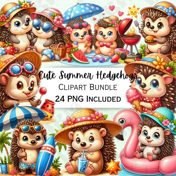 Cute Cartoon Hedgehogs Summer Clipart Bundle, Surf Nursery Decor, Beach Baby Wall Art, Icecream PNG, Water infant Shower, 24 illustrations