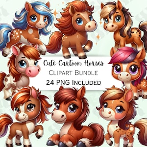 Paquete de imágenes prediseñadas de caballos de dibujos animados lindo, pegatinas de pony, arte de pared de yegua adorable, PNG humorístico para invitaciones, 24 ilustraciones de sementales