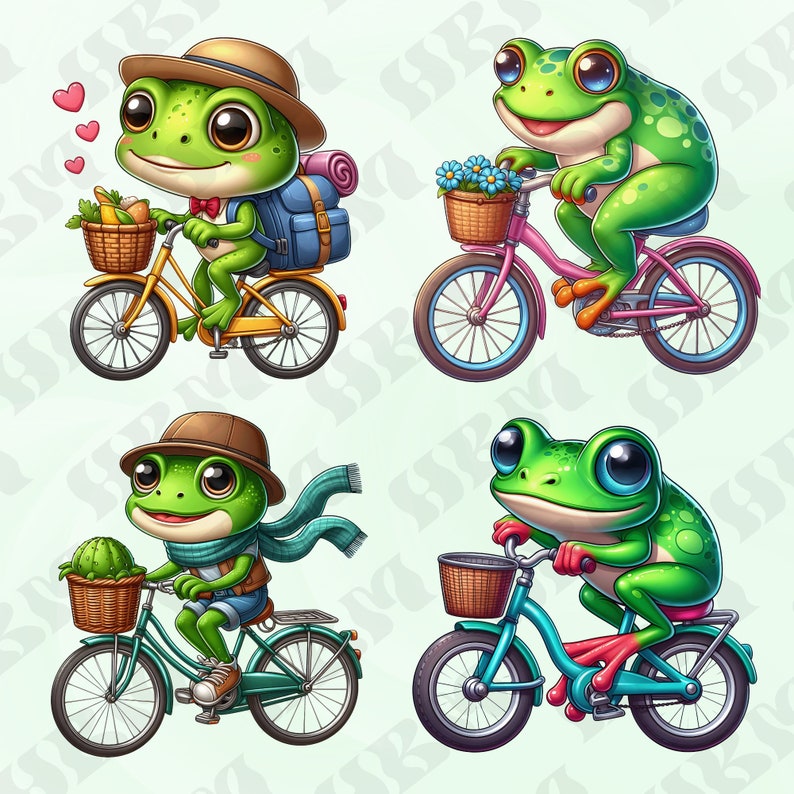 Cute Frog Riding Bikes Clipart Bundle, Tadpole Stickers, Adorable Wall ...