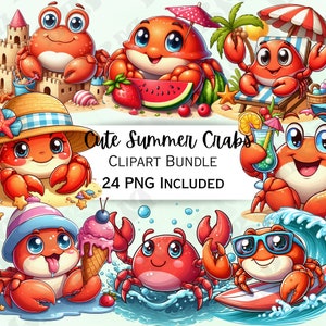 Cute Cartoon Summer Crabs Clipart Bundle, Surf Nursery Decor, Beach Baby Wall Art, Icecream PNG, Water infant Shower, 24 Illustrations