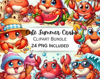 Cute Cartoon Summer Crabs Clipart Bundle, Surf Nursery Decor, Beach Baby Wall Art, Icecream PNG, Water infant Shower, 24 Illustrations