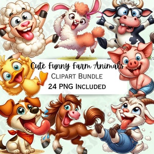 Niedliche lustige Cartoon Bauernhof Tiere Clipart Bundle, Schaf Aufkleber, entzückende Bauernhof Dekorationen, wunderliches PNG für Einladungen, Grußkarten