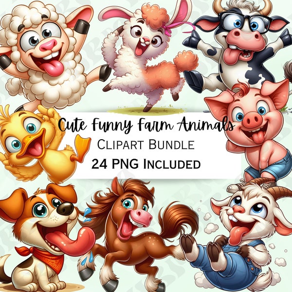 Cute Funny Cartoon Farm Animals Clipart Bundle, Sheep Sticker, Adorable Farm Decorations, Whimsical PNG for invitations, Greeting cards