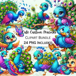 Lindo paquete de imágenes prediseñadas de pavos reales de dibujos animados, pegatinas de vida silvestre, adorable arte de pared para bebés, PNG de animales para invitaciones, pegatinas de pájaros, 24 ilustraciones
