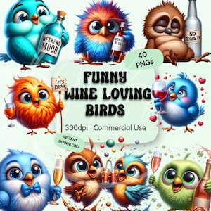 Funny Wine Loving Birds Clipart Bundle, Quirky Drunk Bird PNGs, Wine Humor Sublimation Art, Cute Cartoon Animal Graphics, Transparent Images