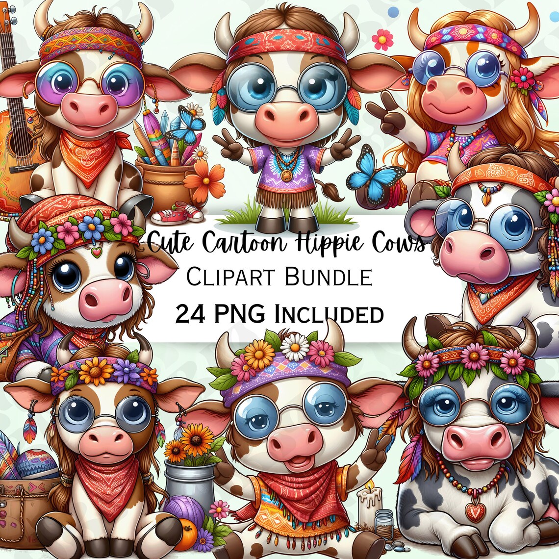 Cute Cartoon Hippie Cows Clipart Bundle Bull Stickers Adorable Wall Cute Cartoon Hippie Cows Clipart Bundle Bull Stickers Adorable Wall