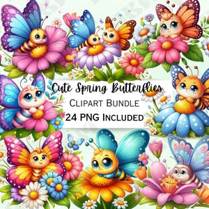 24 Cute Cartoon Spring Butterfly Clipart Bundle, Daisies Nursery Decor, Flowers Baby Wall Art, Insect PNG, Floral infant Shower