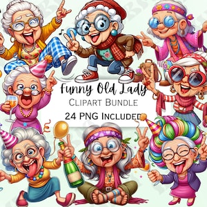 Funny Cartoon Old Ladies Clipart Bundle, Grannie Sticker, Drunk Grandmother Decorations, Whimsical PNG for invitations, Greeting cards