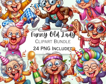 Funny Cartoon Old Ladies Clipart Bundle, Grannie Sticker, Drunk Grandmother Decorations, Whimsical PNG for invitations, Greeting cards