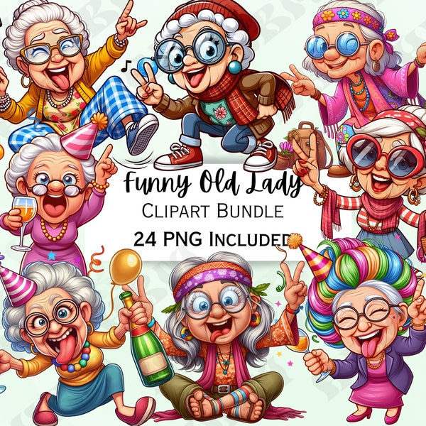 Funny Cartoon Old Ladies Clipart Bundle, Grannie Sticker, Drunk Grandmother Decorations, Whimsical PNG for invitations, Greeting cards