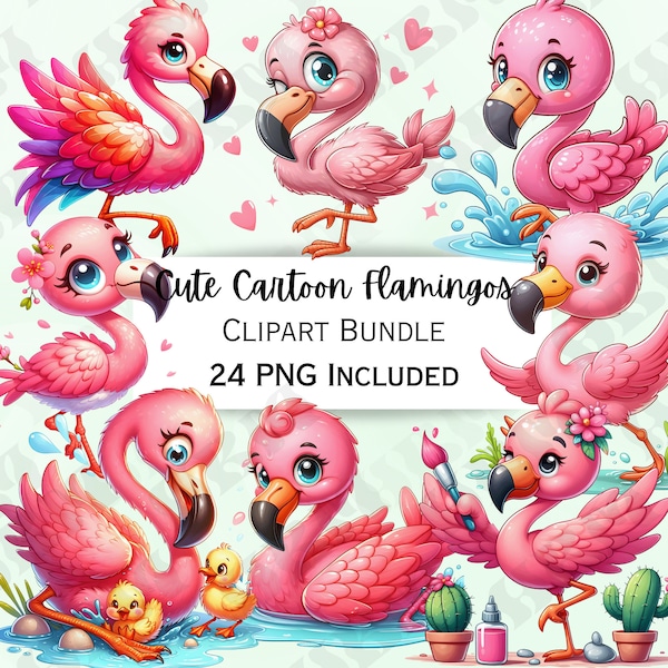 24 Cute Cartoon Flamingos Clipart Bundle, Bird Nursery Decor, Adorable Baby Wall Art, Icecream PNG, Water infant Shower