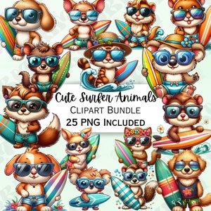 25 Cute Surfer Animals Clipart Bundle, Teddy Nursery Decor, Cat Baby Wall Art, Dog Sunglasses PNG, Rabbit Surfboard, Cards, Invites