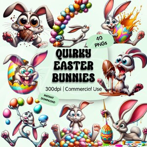 Può includere: Grafica digitale con coniglietti pasquali dei cartoni animati in varie pose. I coniglietti hanno grandi occhi e facce espressive, che interagiscono con uova di Pasqua e cioccolato. Il testo recita "Quirky Easter Bunnies" e "40 PNGs".