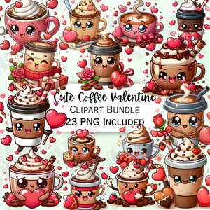 Entzückende Kaffee Valentinstag Clipart Bundle, Koffein Grafiken, Kawaii Getränke PNG für Einladungen, Liebe Herzen Design, kommerzielle Nutzung