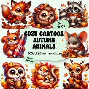 May include: A digital illustration featuring cute cartoon autumn animals, including a fox, hedgehog, raccoon, squirrel, mouse, owl, deer, and two squirrels. The image includes the text "Cozy Cartoon Autumn Animals" and "38 PNGs".