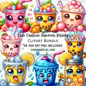 Paquete de imágenes prediseñadas de bebidas de verano, batidos kawaii, té boba original, jugo de fruta PNG, uso comercial