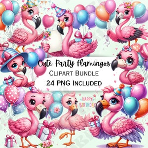Leuke Cartoon Party Flamingo Clipart Bundel, Ballon Sticker, Schattige Feestdecoraties, Grillige PNG voor uitnodigingen, Wenskaarten