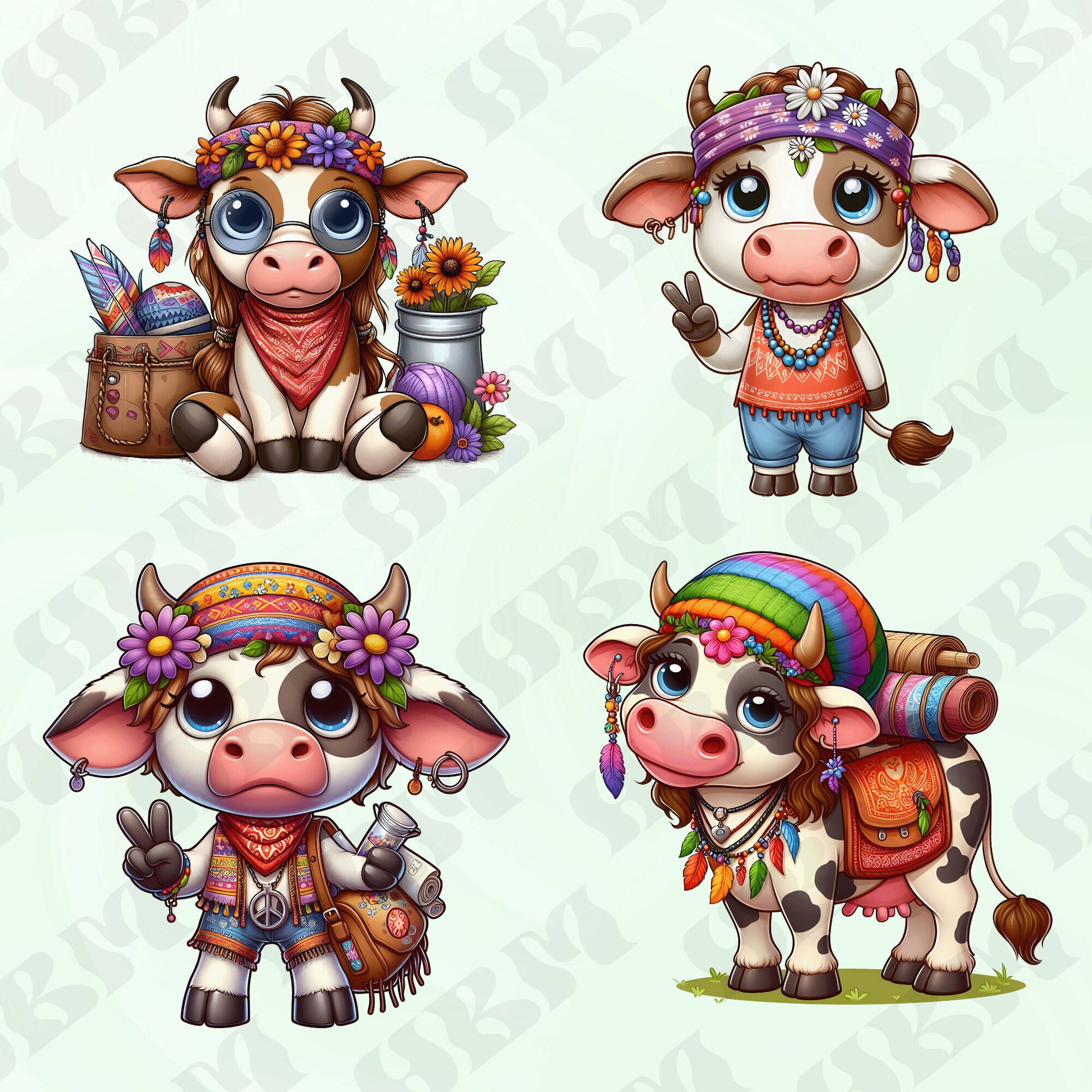 Cute Cartoon Hippie Cows Clipart Bundle Bull Stickers Adorable Wall Cute Cartoon Hippie Cows Clipart Bundle Bull Stickers Adorable Wall
