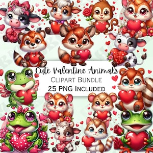 Lot de 25 cliparts animaux mignons pour la Saint-Valentin, fabrication de cartes vache, art mural bébé grenouille, renard chat écureuil PNG, invitations ours, dessins coeurs d'amour