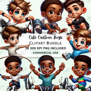 Cute Cartoon Boys Clipart Bundle, Sporty Children Sticker, Adorable Kids Decorations, Whimsical PNG for invitations, Commercial Use