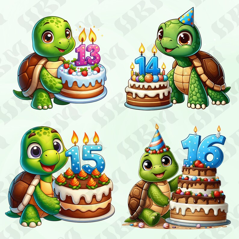 Py Birthday 16 Cute Birthday Turtle Clipart Bundle, Cartoon Sticker, Adorable Party ...