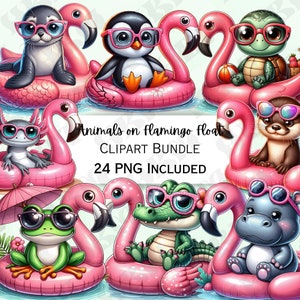 Niedliche Tiere auf Flamingo Floats Clipart Bundle, Sommer Kinderzimmer Dekor, Pool Party PNG für Sublimation, 24 Cartoon Illustrationen