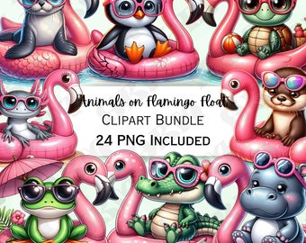 Cute Animals on Flamingo Floats Clipart Bundle, Summer Nursery Decor, Pool Party PNG for Sublimation,  24 Cartoon Illustrations