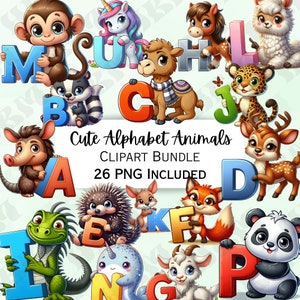 Lot de 26 cliparts alphabet animaux mignons, panda éducatifs, cartes Flash bébé singe, affiche chameau lettres PNG, zèbre apprentissage pour les enfants