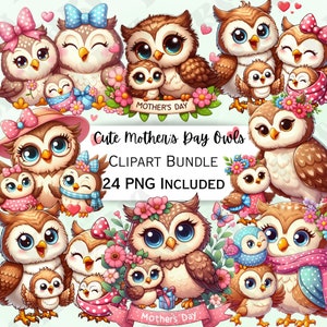 Lot de 24 cliparts mignons hiboux pour la fête des mères, autocollant ballon dessin animé, adorables décorations de fête, PNG fantaisiste pour invitations, cartes