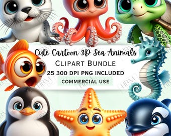 May include: A set of 25 cartoon sea animal clipart images. The images include a seal, octopus, turtle, seahorse, goldfish, penguin, starfish, and orca. The images are in a 3D cartoon style and are perfect for use in digital projects.