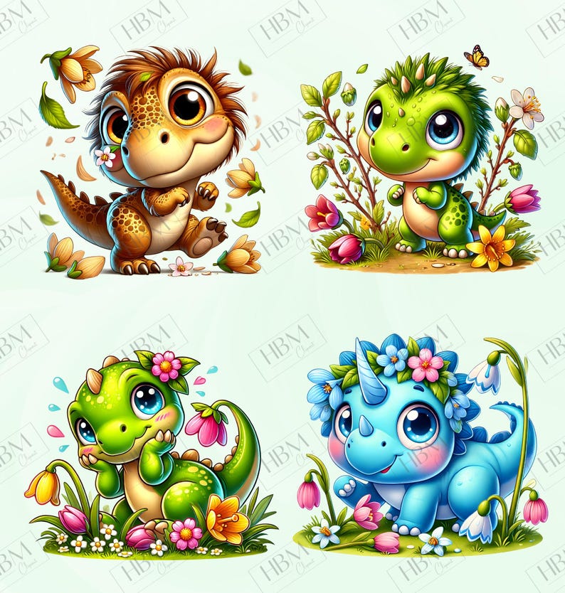 Spring Dinosaur Cute Spring Dinosaurs Clipart Bundle, Cartoon Jurassic Sticker ...