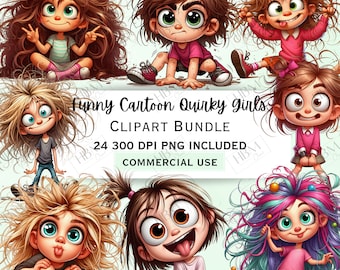 Funny Cartoon Quirky Girls Clipart Bundle, Children Sticker, Silly Kids Decorations, Whimsical PNG for invitations, Commercial Use