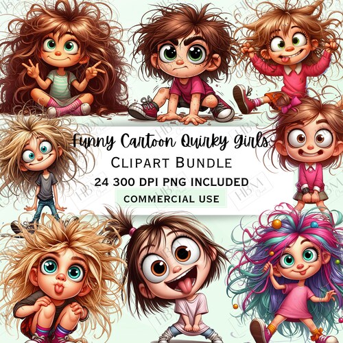 Funny Cartoon Quirky Girls Clipart Bundle, Children Sticker, Silly Kids Decorations, Whimsical PNG for invitations, Commercial Use