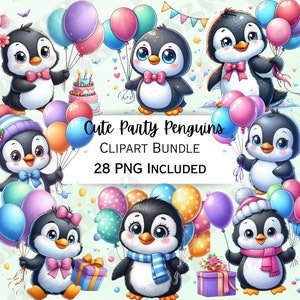 28 lindo paquete de imágenes prediseñadas de pingüinos de fiesta, pegatina de globo de dibujos animados, decoraciones de fiesta adorables, PNG caprichoso para invitaciones, tarjetas de felicitación