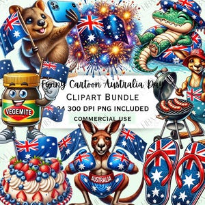 Bundle de cliparts drôle de bande dessinée Australie jour, autocollant original drapeau australien, animal lunatique PNG pour faire-parts, usage commercial